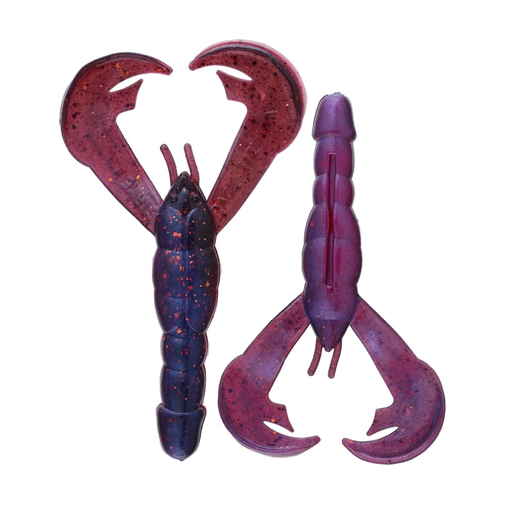 The Strike King Rage Craw lures, designed by Strike King and crafted in soft plastic with vibrant hues of blue and purple for one and pink for the other, feature large claws shaped like crawfish to elevate your fishing adventures.