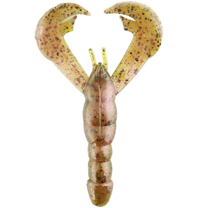 The Strike King Rage Craw fishing lure, offered by the brand Strike King, is a lifelike brown and speckled product made from soft plastic. It features a crawfish shape with prominent claws and a segmented tail.