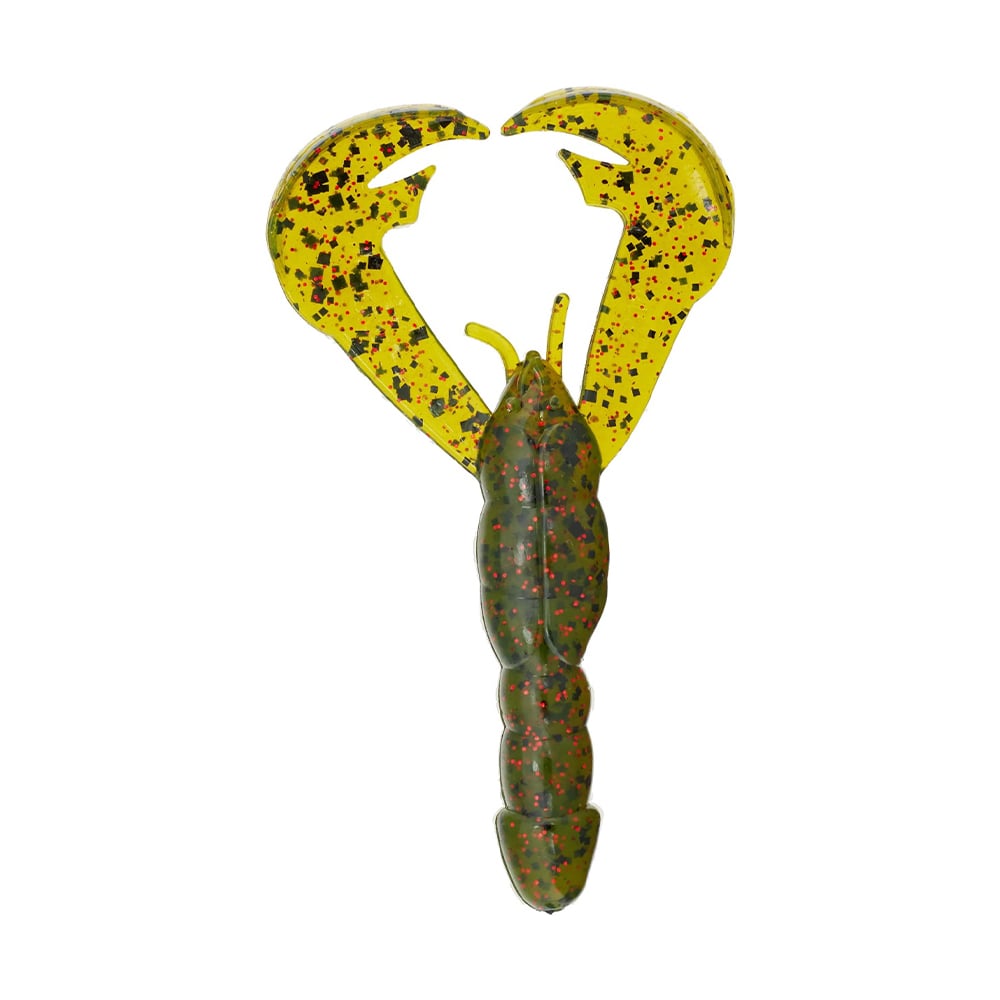 The Strike King Rage Craw, a soft plastic bait from the renowned brand Strike King, features a crustacean shape with a green body adorned with multicolored speckles and vivid yellow claw-like appendages.