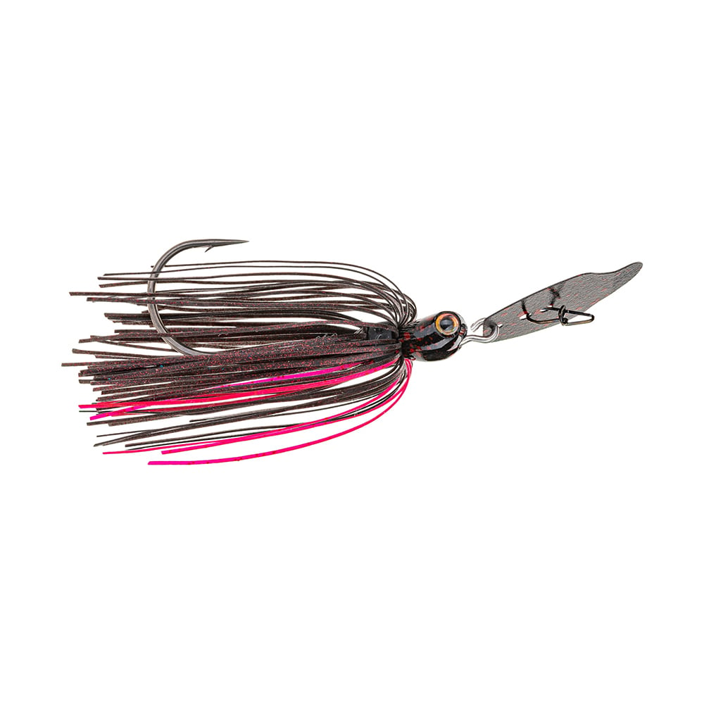 The Strike King Thunder Cricket Vibrating Jig is essential for every bass angler, boasting a sharp hook and a multi-colored fringed skirt adorned with striking black and pink strands. This vibrating jig also features a metal blade attachment to enhance its action.