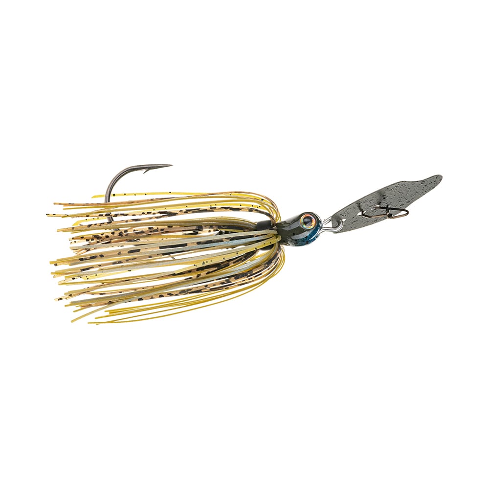 The Strike King Thunder Cricket Vibrating Jig is a must-have for any bass angler's collection. It includes a metal hook and a multi-colored fringed skirt, while its shiny metallic blade mimics bladed swim jigs, attracting fish with precision.