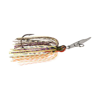 The Strike King Thunder Cricket Vibrating Jig is a lively bladed swim jig from the brand Strike King, complete with a metallic blade, detailed eyes, and a multi-colored skirt featuring strands of yellow, purple, and brown—making it an essential tool for any bass angler's collection.