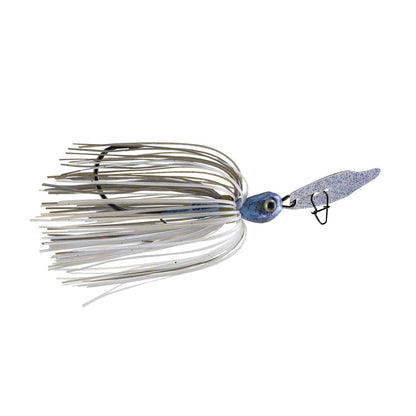 The Strike King Thunder Cricket Vibrating Jig, featuring a blue head, large eye, and front spinner, is an ideal addition to any bass angler's collection. Its bladed swim jig design is enhanced by light-colored, flexible strands that resemble a skirt.