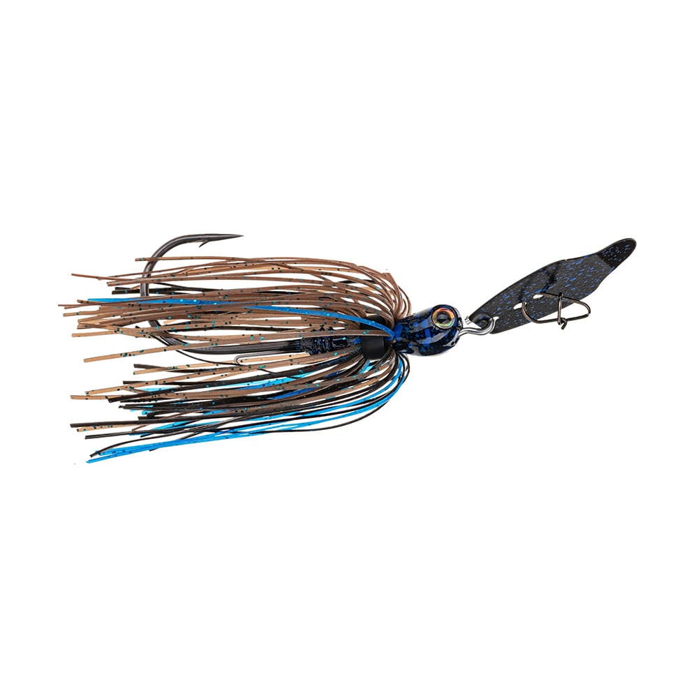 The Strike King Thunder Cricket Vibrating Jig by Strike King is essential for any bass angler's collection. This bladed swim jig showcases a combination of brown and blue strands, along with a textured black blade and a large hook, effectively simulating aquatic prey.