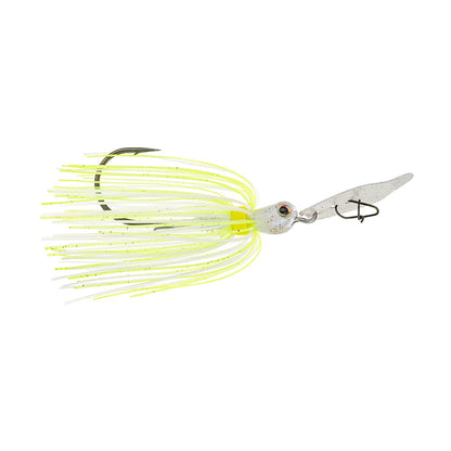 The Strike King Thunder Cricket Vibrating Jig is a fishing lure from the brand Strike King, featuring a silver blade and yellow-green skirt strands. It includes a single sharp hook and a detailed eye on the head, making it an essential item in every bass angler's collection.