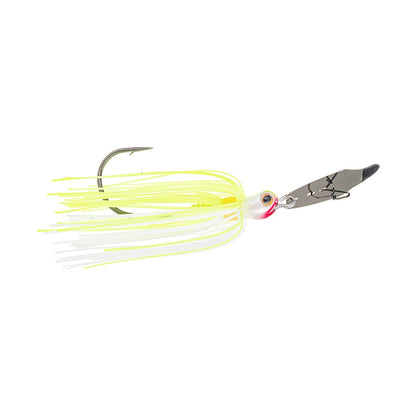 The Strike King Thunder Cricket Vibrating Jig includes a silver blade, a single curved hook, and yellow and white rubber strands that mimic a skirt. Equipped with a small eye near the hook for easy attachment, it's an essential bladed swim jig for any bass angler's collection.