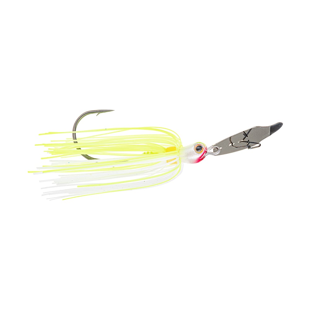 The Strike King Thunder Cricket Vibrating Jig, crafted by Strike King, is an essential addition to any bass angler's collection. This fishing lure features a silver metal blade and sharp hook, adorned with bright yellow and white tinsel strands to attract fish effectively. The painted eye provides fine detail to this artificial bait.