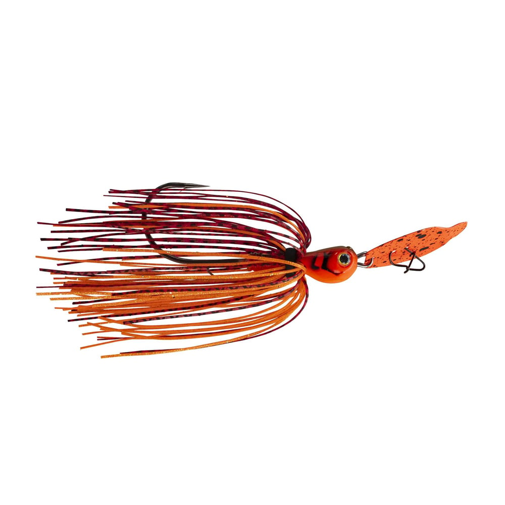 This orange and red Strike King Thunder Cricket Vibrating Jig features a fringed skirt and a hook on top, making it an excellent addition to any bass angler's collection. Its design is highly effective in attracting fish, inspired by the innovative craftsmanship of Strike King's lures.