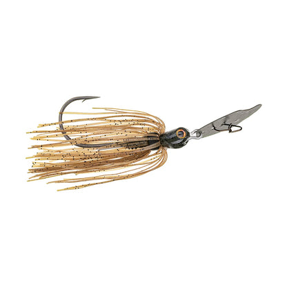 The Strike King Thunder Cricket Vibrating Jig, a must-have for bass anglers, boasts a hooked metal blade and a brown fringed skirt. Its painted eye design on the head enhances its lifelike appeal, making it an indispensable bladed swim jig for dedicated fishermen.