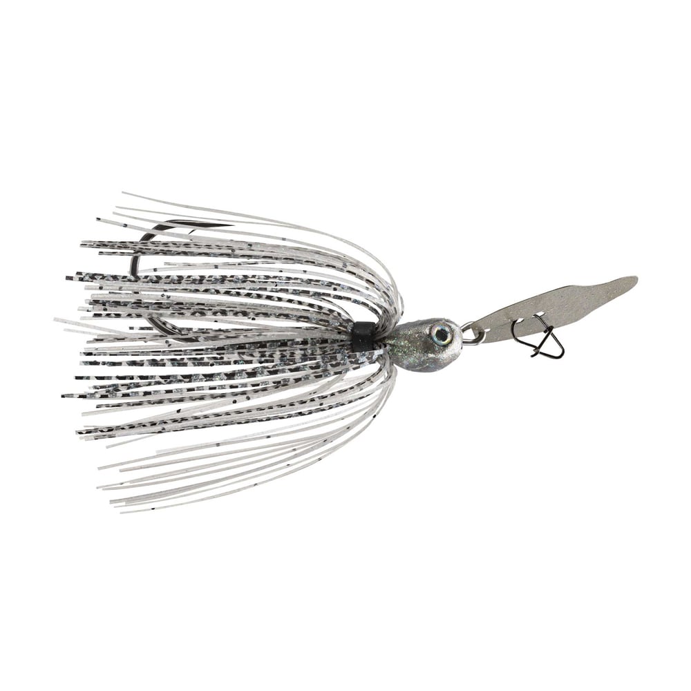 The Strike King Thunder Cricket Vibrating Jig is an essential piece for any bass angler's collection, featuring a silver and black design with a metal blade and fringed skirt. This bladed swim jig from Strike King boasts a shiny, textured body with a prominent eye and a hooked attachment point for enhanced performance.