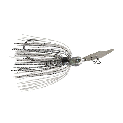 A detailed image of the Strike King Thunder Cricket Vibrating Jig, part of the bass angler's arsenal from Strike King, showcases a skirt of thin, wavy strands and a metal blade attached at the front. This bladed swim jig design emulates the look of small aquatic prey.