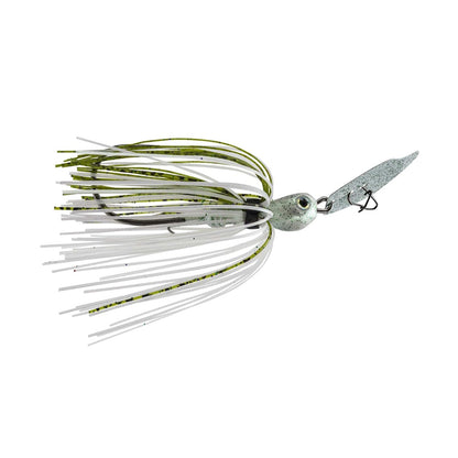 An essential component in every bass angler's toolkit, the green and white Strike King Thunder Cricket Vibrating Jig boasts a streamlined body adorned with metallic fringed strands, equipped with a sharp metal hook, all displayed against a clean white background.