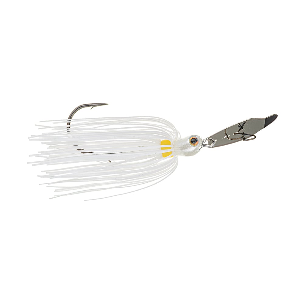 The Strike King Thunder Cricket Vibrating Jig, a standout in any bass angler's arsenal, features a metal hook and spinner blade. The white fringed skirt and oval yellow-and-black eye reflect the distinctive design of this Strike King lure. Expertly isolated on a white background, it's perfect for showcasing its dynamic appeal.