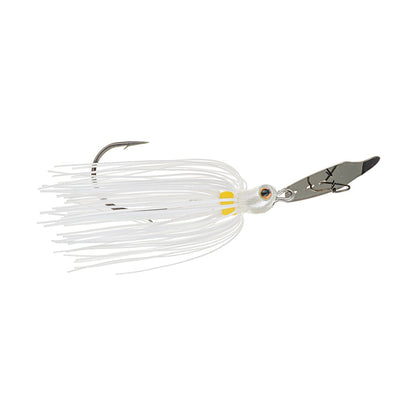 Introducing an essential addition to any bass angler's collection, the Strike King Thunder Cricket Vibrating Jig. This bladed swim jig from Strike King boasts a metal blade and a white skirt with fine, thin strands, designed to attract fish with its captivating motion and reliable hook. Ideal for your next fishing expedition.