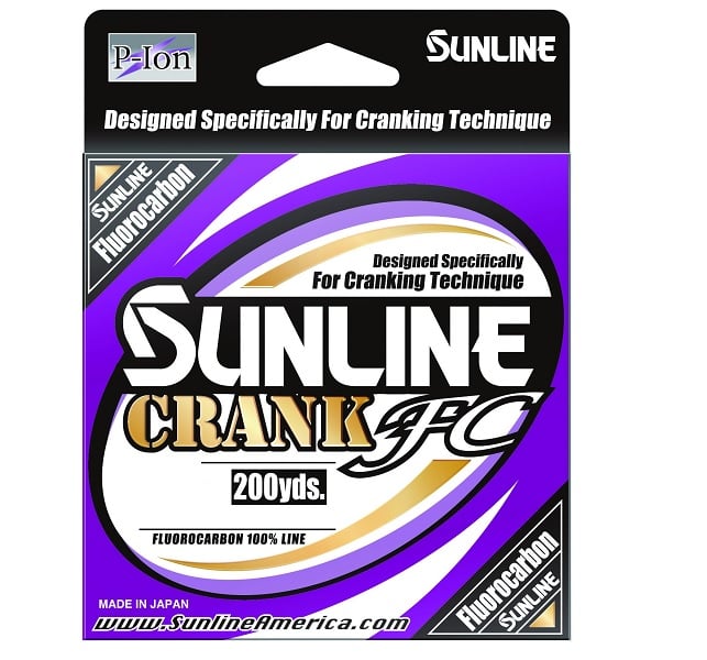 The Sunline Crank FC Fluorocarbon 660yd packaging boasts "Designed Specifically For Cranking Technique," featuring a vibrant purple background. White, gold, and black text highlights P-Ion Technology for superior casting with crankbaits, and a URL is prominently displayed at the bottom.