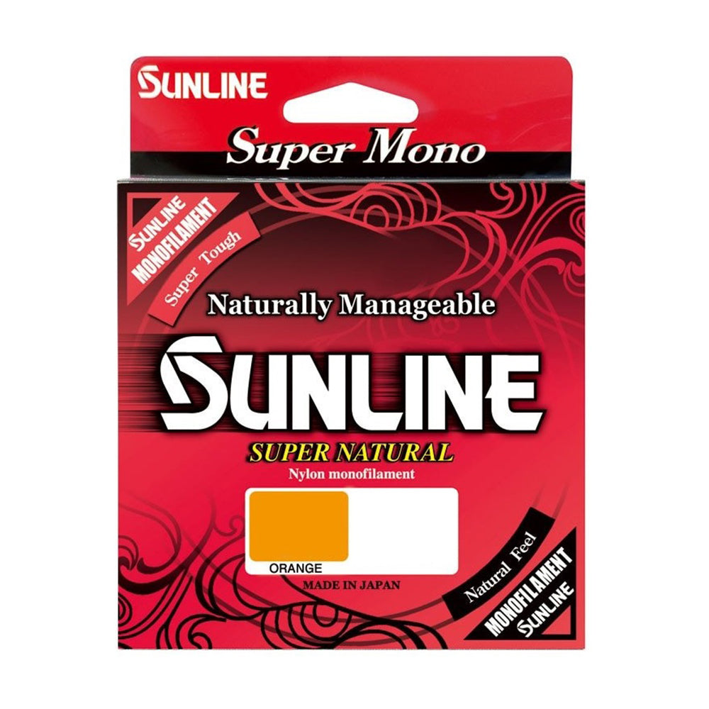 The image shows a Sunline Super Natural package containing orange nylon monofilament fishing line. It's labeled "Super Mono" and is praised for being "naturally manageable," "super tough," offering UV protection, and noting it's made in Japan by Sunline.