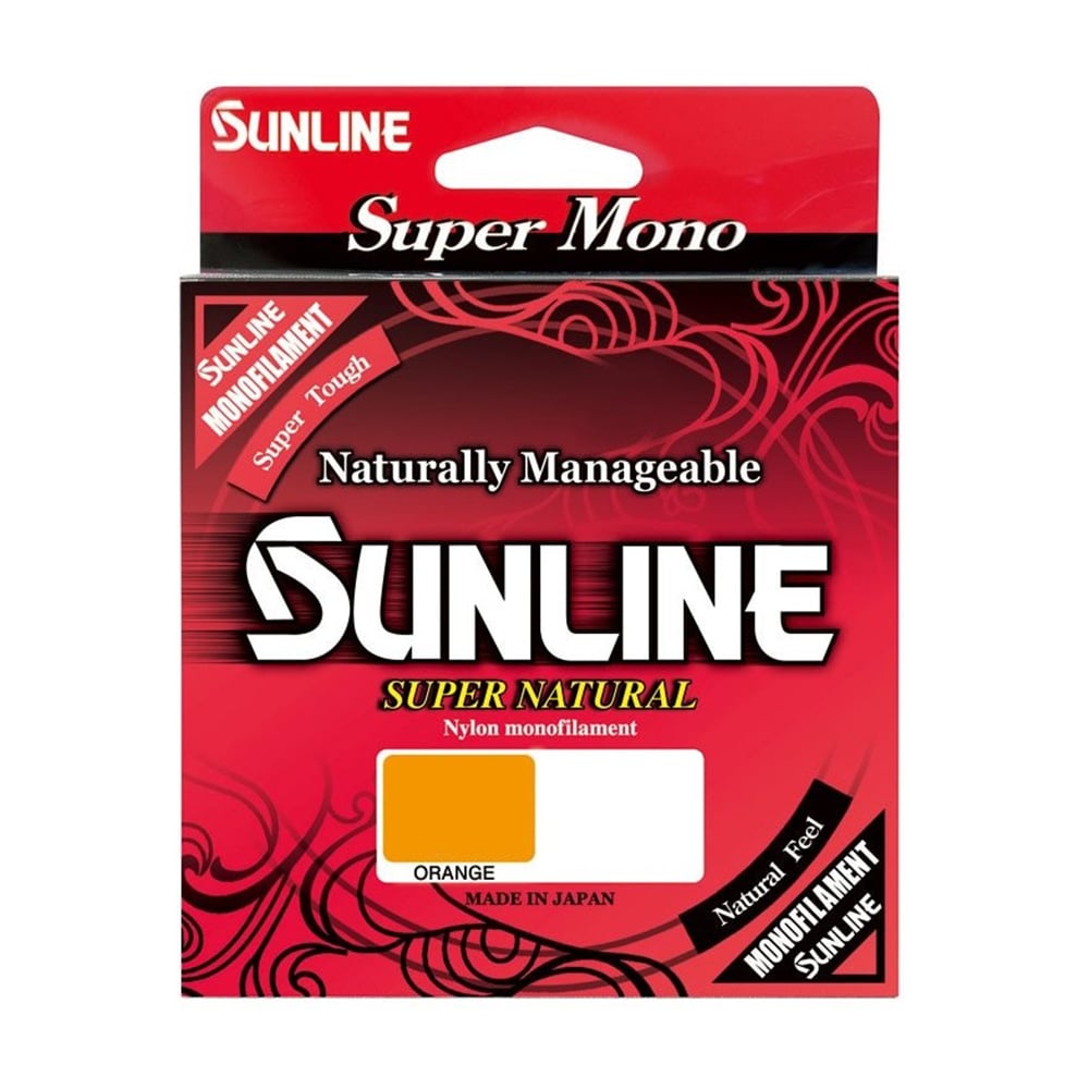 The Sunline Super Natural monofilament fishing line has "Super Tough" UV protection, comes in vibrant orange with red and black swirls, and is "Naturally Manageable." It is proudly made in Japan.