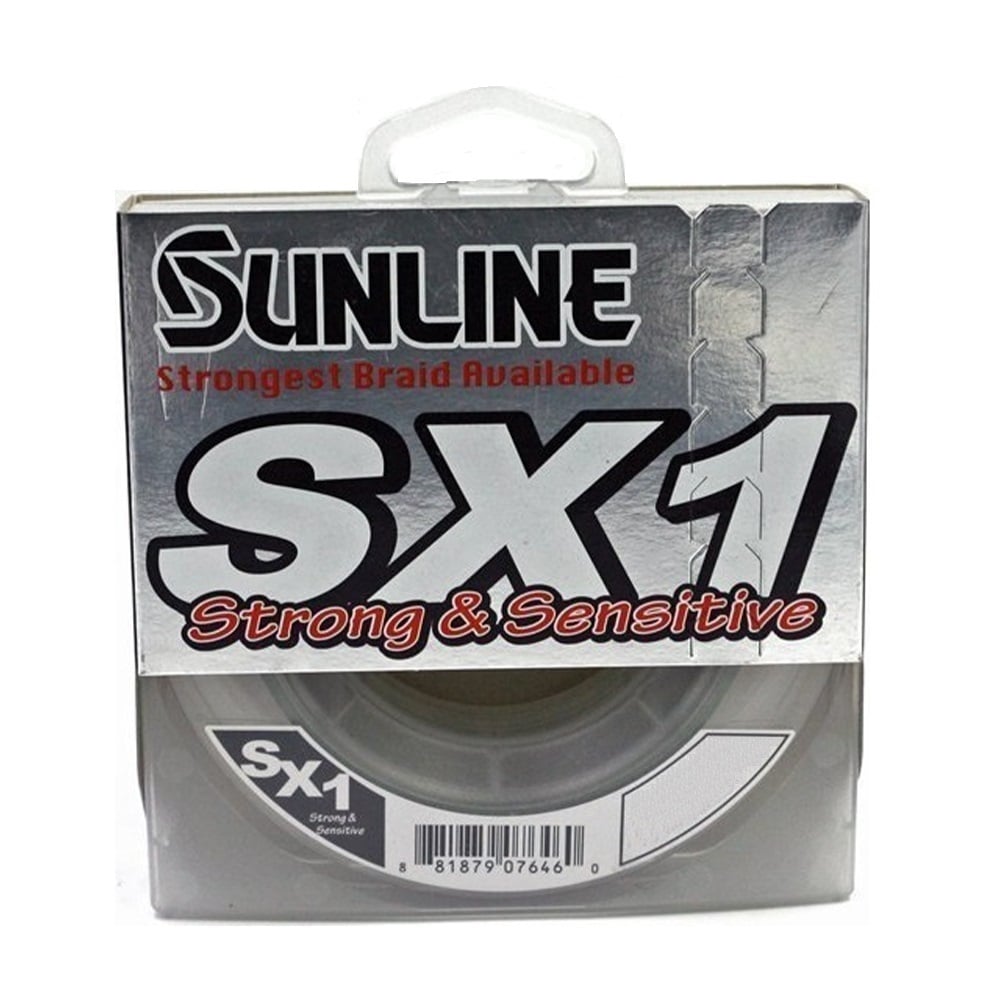 The Sunline SX1 Braid 125yd fishing line package, featuring "Strong & Sensitive" with a gray and black design, promises improved casting distance and emphasizes abrasion resistance, while including a barcode at the bottom.