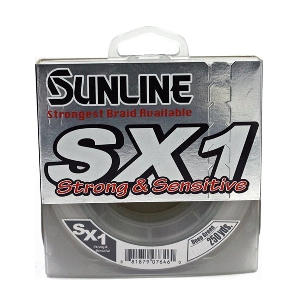 Image of Sunline SX1 Braid 250yd packaging by Sunline. The box proudly displays "Strong & Sensitive" and "Strongest Braid Available," emphasizing its abrasion resistance thanks to the ULT-PE material. The packaging also features "Deep Green 250 YDS," with a barcode located at the bottom.