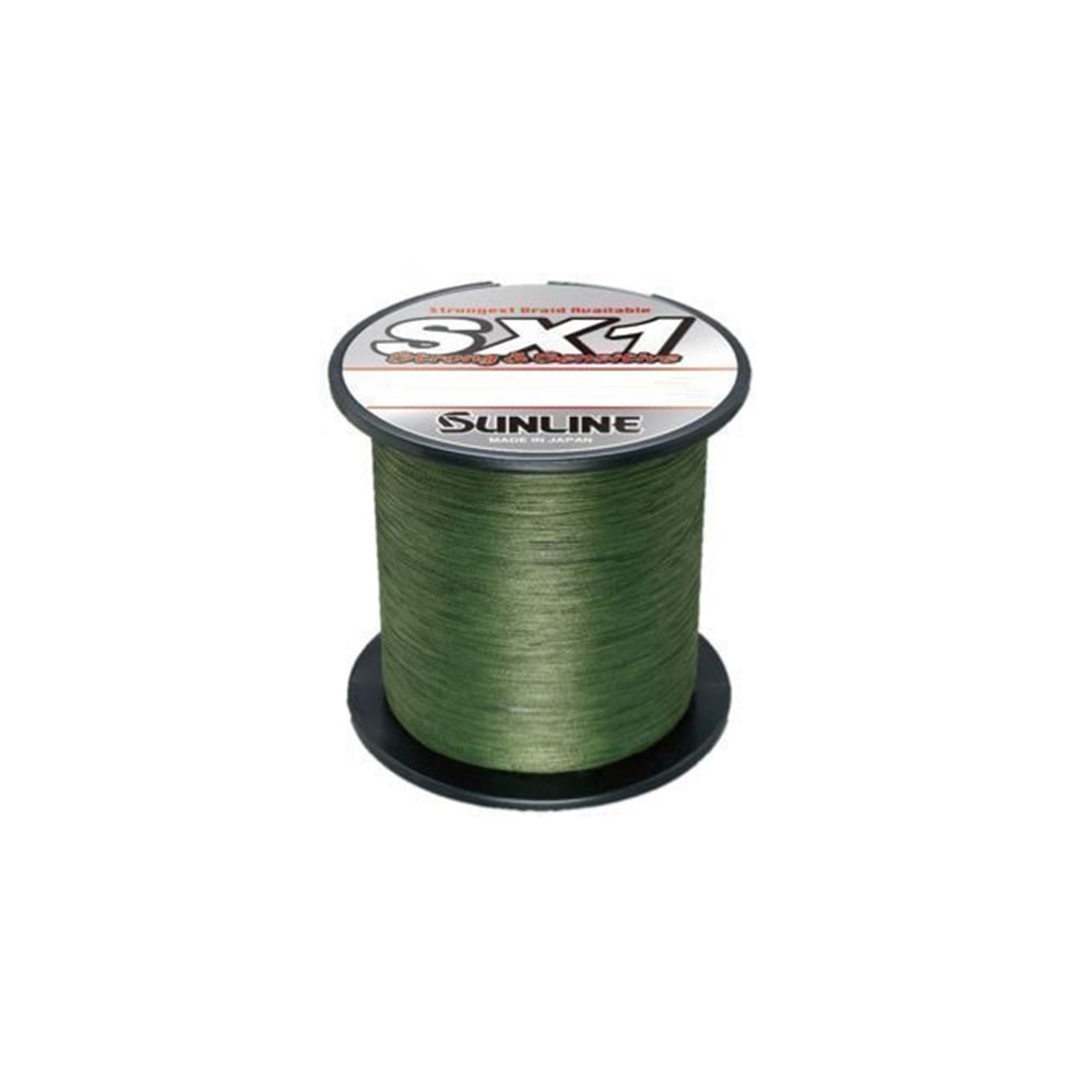 A spool of Sunline SX1 Braid 600yd, crafted for effortless casting, features a prominently displayed label with the Sunline brand name. The abrasion-resistant line is tightly wound and presented against a simple white background.