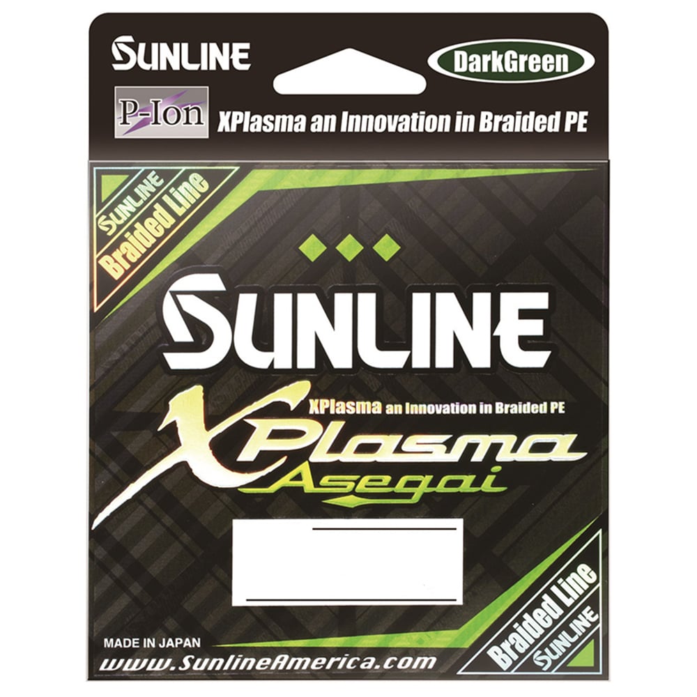 The Sunline XPlasma Asegai 330yd braided line, in dark green, features a geometric design with green and yellow hues. Labels "XPlasma" and "Braided Line" stand out. Hydrophobic capabilities highlight its Japanese craftsmanship. Visit www.sunlineamerica.com.