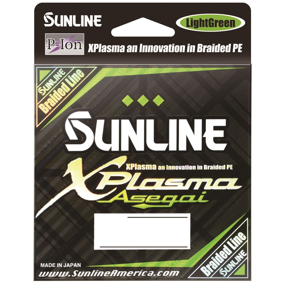 The image displays the packaging for Sunline's Xplasma Asegai 330yd braided line, emphasizing its Japanese origin and featuring advanced XPlasma technology with P-Ion enhancements. This light green line is designed for superior performance with exceptional hydrophobic capabilities.