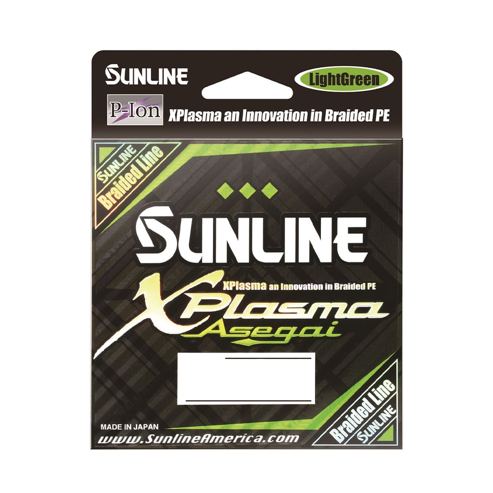 Sunline Xplasma Asegai 330yd packaging highlights innovative XPlasma tech for superior performance and hydrophobic features. Made in Japan by Sunline. Visit our website to learn more.