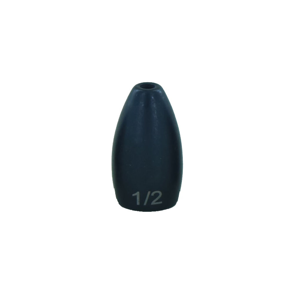 A tungsten flipping weight from American Legacy Fishing & Outdoors features a sleek black cone shape with a durable no-chip finish, and the fraction "1/2" is printed in white on its surface.