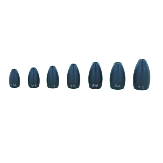 Seven American Legacy Tungsten Flipping Weights, each black and designed to resist chipping, are neatly arranged from smallest to largest with sizes labeled: 1/4, 5/16, 3/8, 1/2, 5/8, 3/4, and 1.0. Crafted by American Legacy Fishing & Outdoors, these sinkers guarantee no line fraying for seamless fishing experiences.