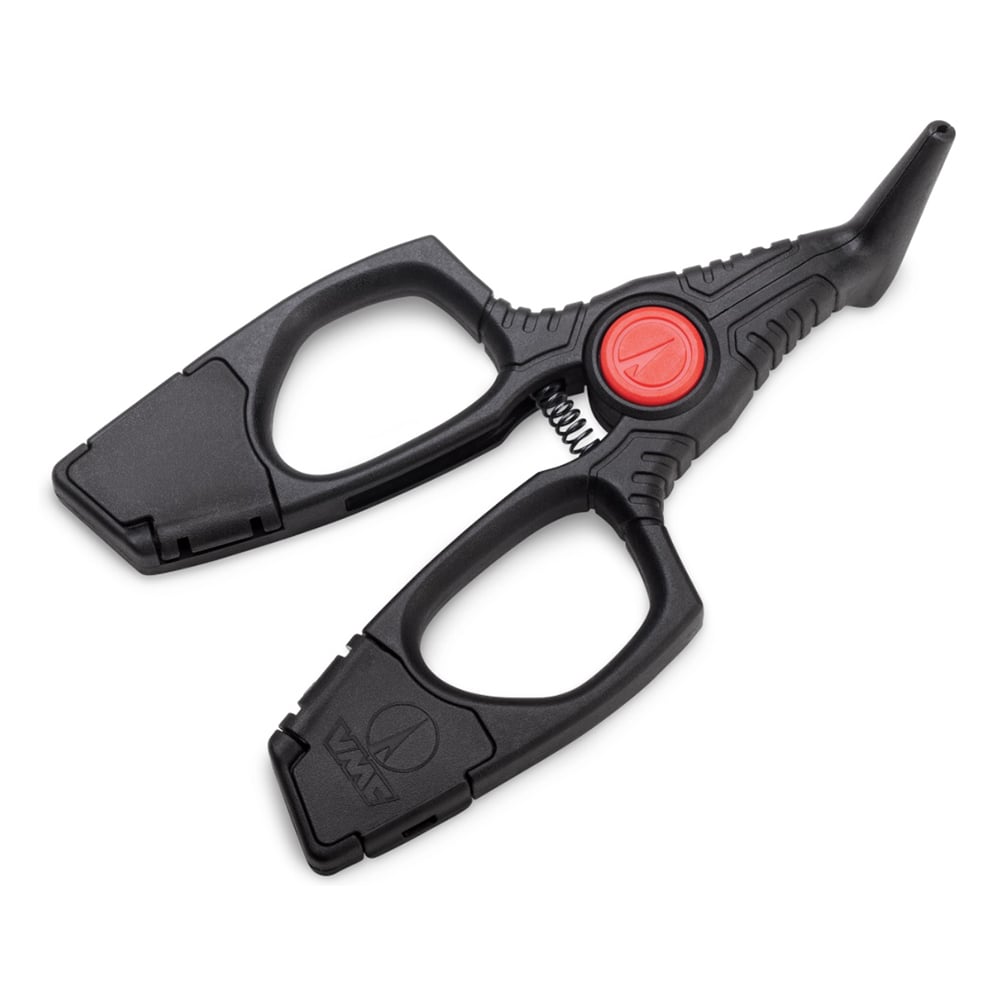 Black fishing line scissors with a red pivot and spring mechanism, ideal for soft plastics rigging. Their pointed narrow tip and ergonomic handles offer a comfortable grip, providing precision comparable to VMC Crossover Pliers by VMC.