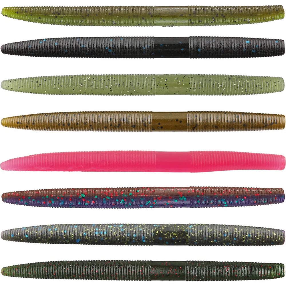 A set of eight Yamamoto Senko soft baits from the Yamamoto brand, displayed in two vertical columns. They come in green, brown, black, and pink with glitter patterns—ideal for your next fishing trip.