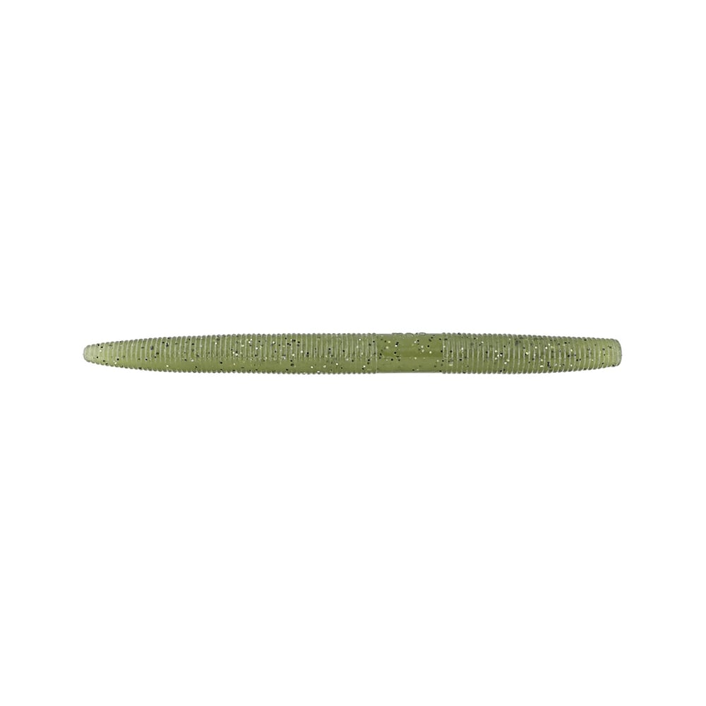 A solitary green Yamamoto Senko fishing lure, featuring a ribbed texture and tapered ends, is shown against a white background.