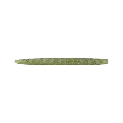 A solitary green Yamamoto Senko fishing lure, featuring a ribbed texture and tapered ends, is shown against a white background.