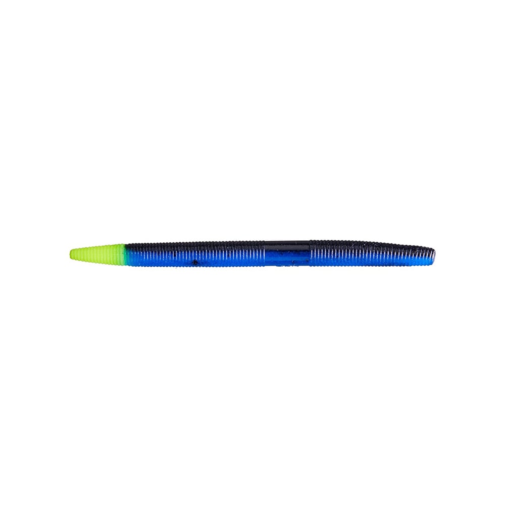 The Yamamoto Senko, a sleek plastic bait by Yamamoto, features a blue and black gradient with a bright green tip, showcased horizontally on a plain white backdrop.