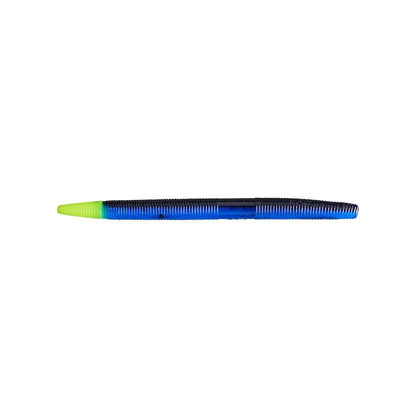 The Yamamoto Senko, a sleek plastic bait by Yamamoto, features a blue and black gradient with a bright green tip, showcased horizontally on a plain white backdrop.