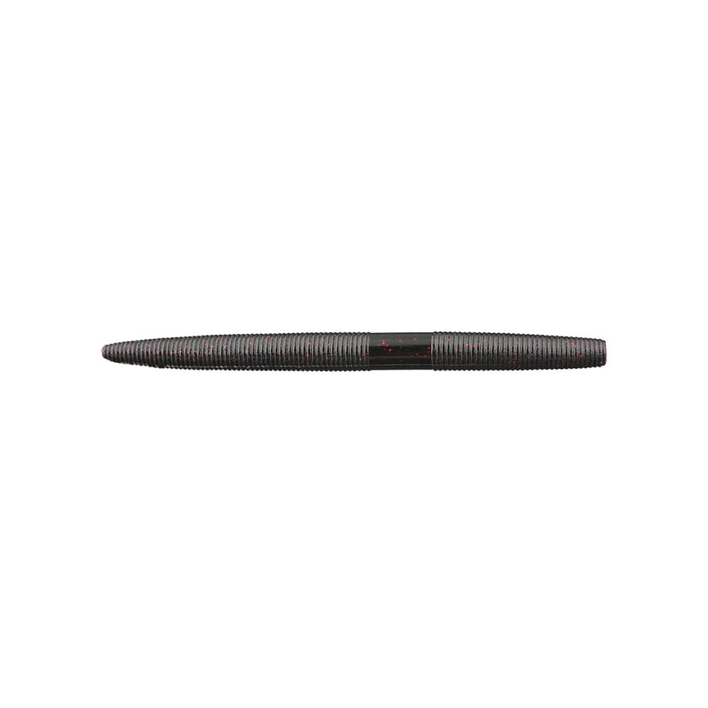 A dark, ribbed Yamamoto Senko from Yamamoto lies on a white background. This plastic bait, with tapered ends and a cylindrical midsection, features a textured surface, ideal for attracting fish on your next fishing adventure.