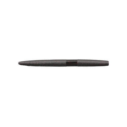 A dark, ribbed Yamamoto Senko from Yamamoto lies on a white background. This plastic bait, with tapered ends and a cylindrical midsection, features a textured surface, ideal for attracting fish on your next fishing adventure.