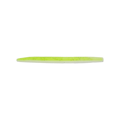 The Yamamoto Senko fishing lure by Yamamoto, made of soft plastic in vibrant chartreuse with black specks, resembles a worm and is displayed on a white background.