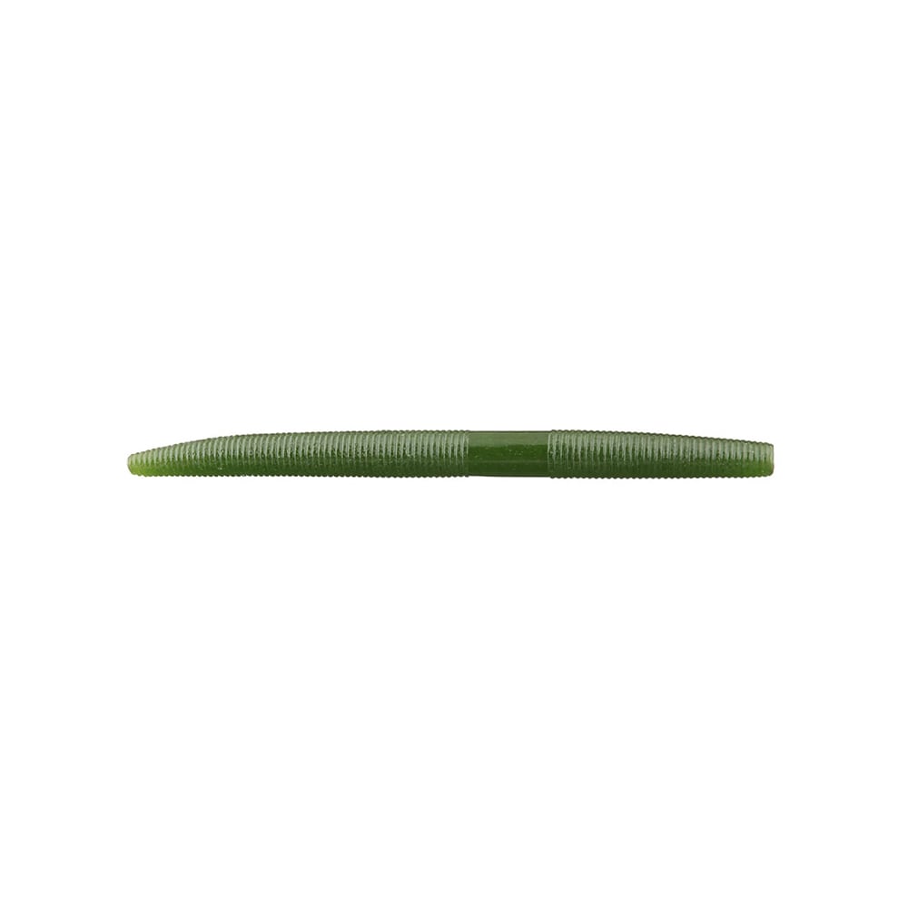 The Yamamoto Senko by Yamamoto is a green, soft plastic worm-like fishing lure on a white background with ribbed texture and tapered ends, perfect for anglers aiming for the ideal catch.