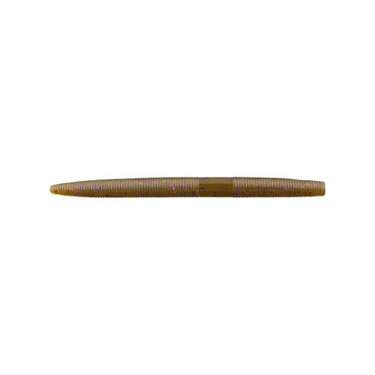 A ribbed, cylindrical Yamamoto Senko fishing lure by Yamamoto rests horizontally on a plain white background. This plastic bait has a segmented texture and brownish hue, mimicking live worms to attract fish.