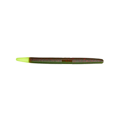 This Yamamoto Senko soft plastic bait by Yamamoto is a ribbed, worm-shaped lure with a translucent green body, brownish tint, and bright chartreuse tail, expertly crafted to attract fish.