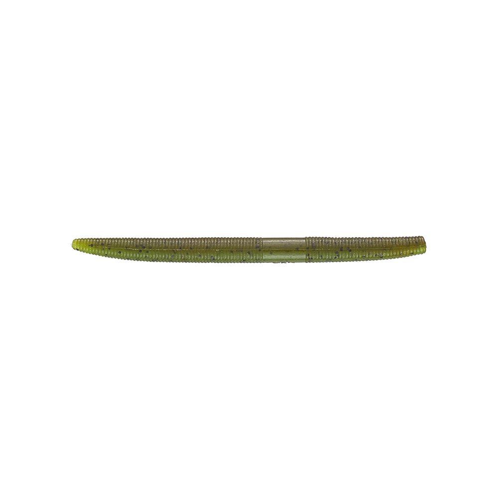 The Yamamoto Senko, a green segmented cylindrical plastic bait from the Yamamoto brand, is gracefully showcased on a white background.