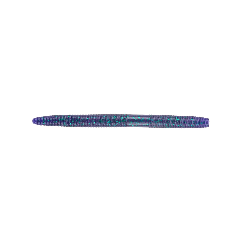 The Yamamoto Senko by Yamamoto, a dark purple worm-like soft plastic bait with ribbed texture and green-blue flecks, is displayed horizontally against a white background, perfect for fishing enthusiasts.