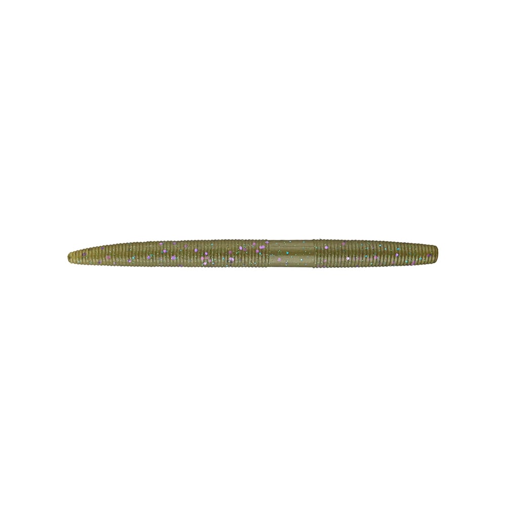 A green, cylindrical ribbed Yamamoto Senko lure from Yamamoto features tiny glitter specks and tapers at both ends, designed to resemble a worm or bait.