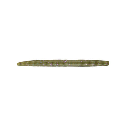 A green, cylindrical ribbed Yamamoto Senko lure from Yamamoto features tiny glitter specks and tapers at both ends, designed to resemble a worm or bait.