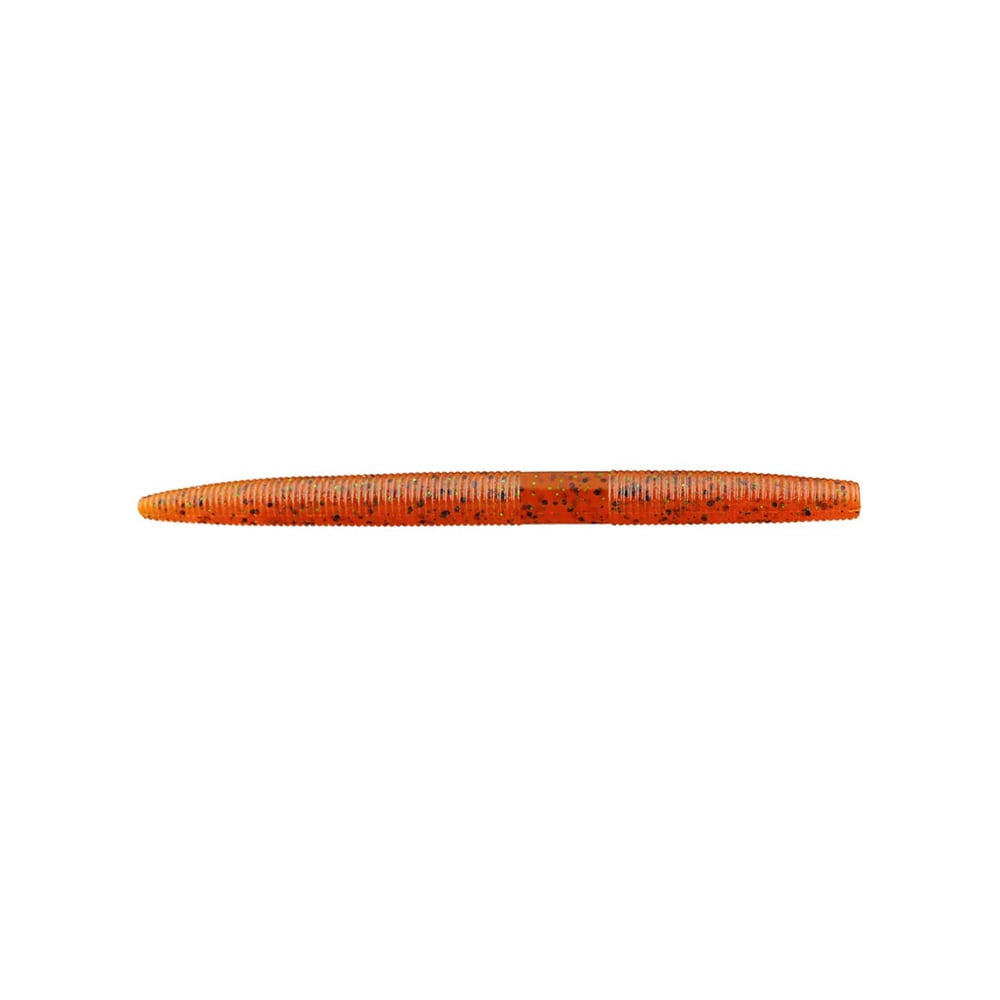 This Yamamoto Senko is an orange soft plastic bait with black speckles, designed to mimic a worm. Its cylindrical shape and tapered end make it perfect for attracting fish.