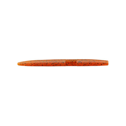 This Yamamoto Senko is an orange soft plastic bait with black speckles, designed to mimic a worm. Its cylindrical shape and tapered end make it perfect for attracting fish.