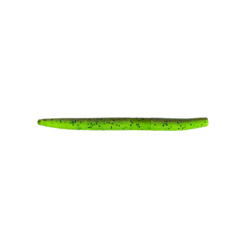 A bright green, ribbed, cylindrical Yamamoto Senko plastic bait with black speckles and a tapered end, set against a plain white background.