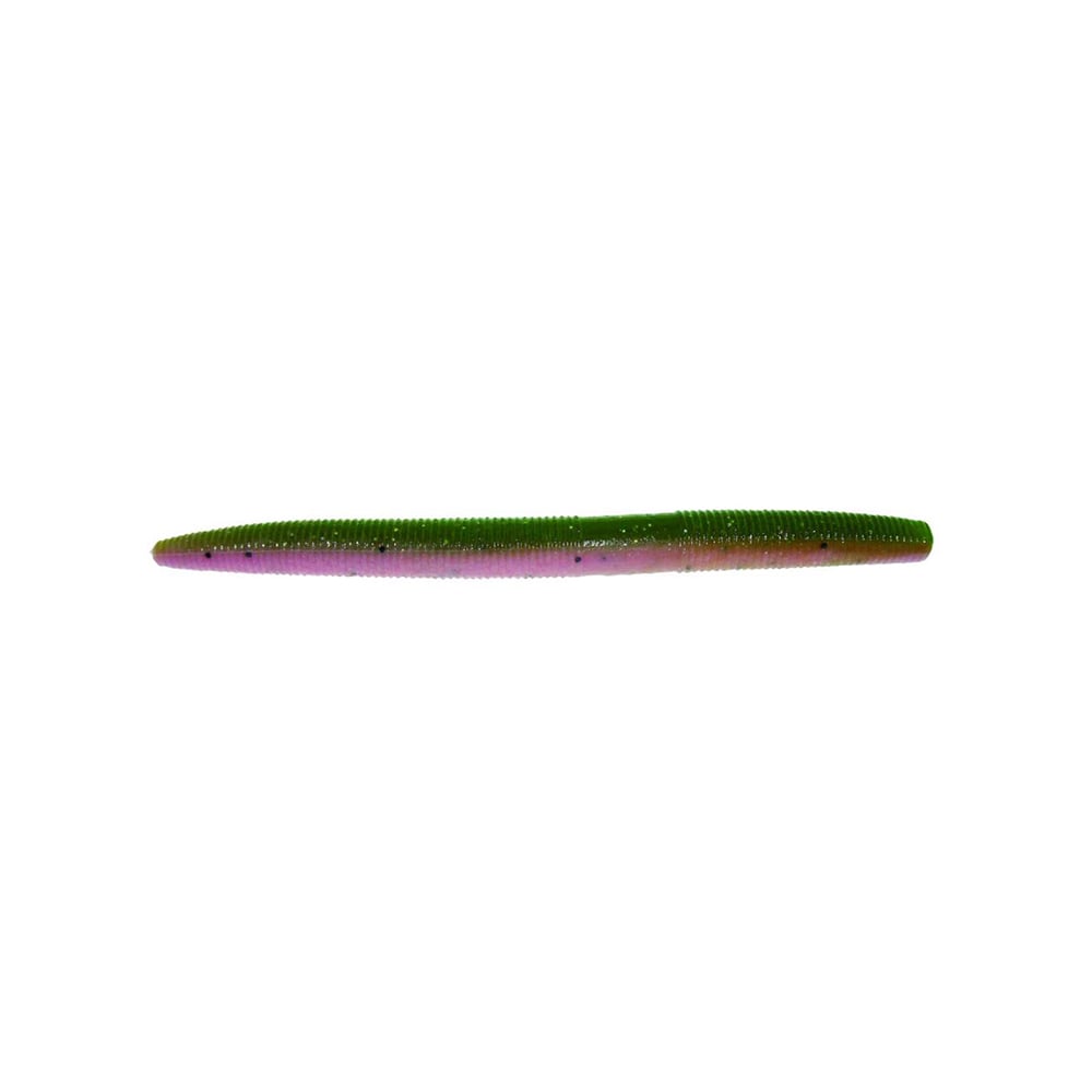 The Yamamoto Senko, a soft plastic bait from Yamamoto, has a long, slender body with a smooth texture and shifts in color from green to pink. Designed to replicate a worm, it's ideal for attracting fish in diverse waters.