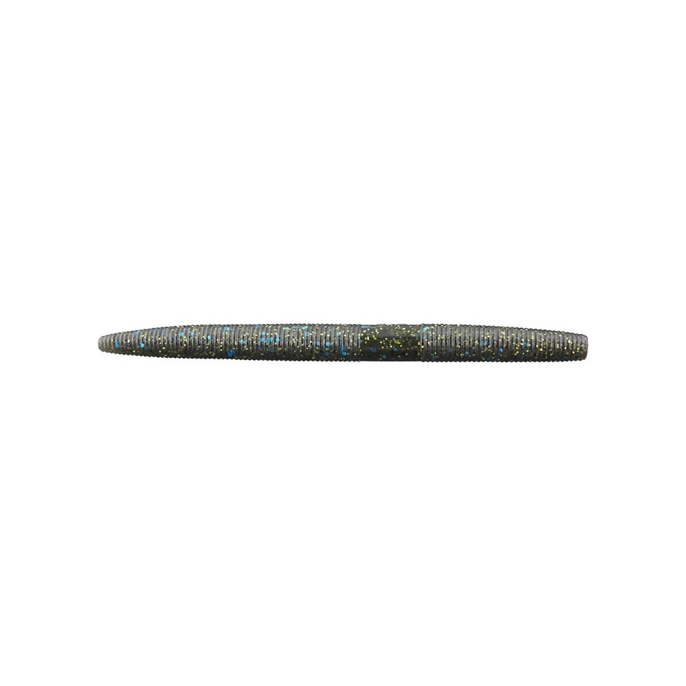 A textured soft plastic fishing lure, reminiscent of a Yamamoto Senko, sports green and blue speckles in a worm shape. It is elegantly displayed against a white background.